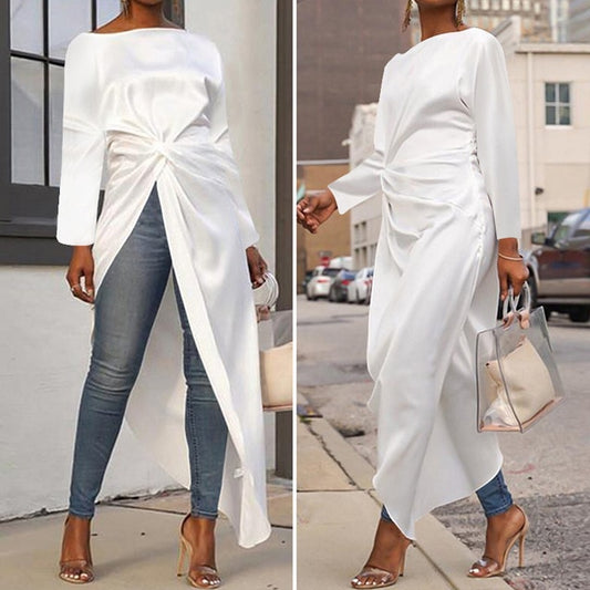 VONDA Women Asymmetrical Blouse Sexy Split Striped Tops