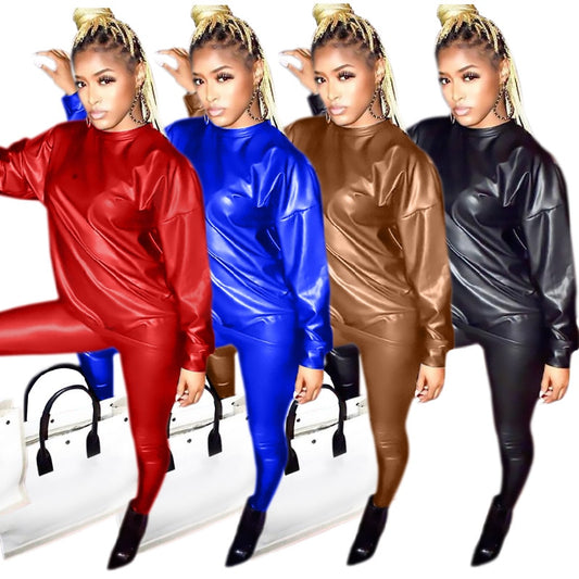 Plus Size Clothing Two Piece Set Women PU Outfit Tracksuit Loose Top Leggings Jogger Tracksuit