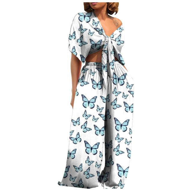 Women Bandage Deep V-Neck Short Sleeve Tops Broad Leg Pants Two Piece Set Plus Size